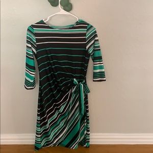 Women’s black green and white midi dress, fitted